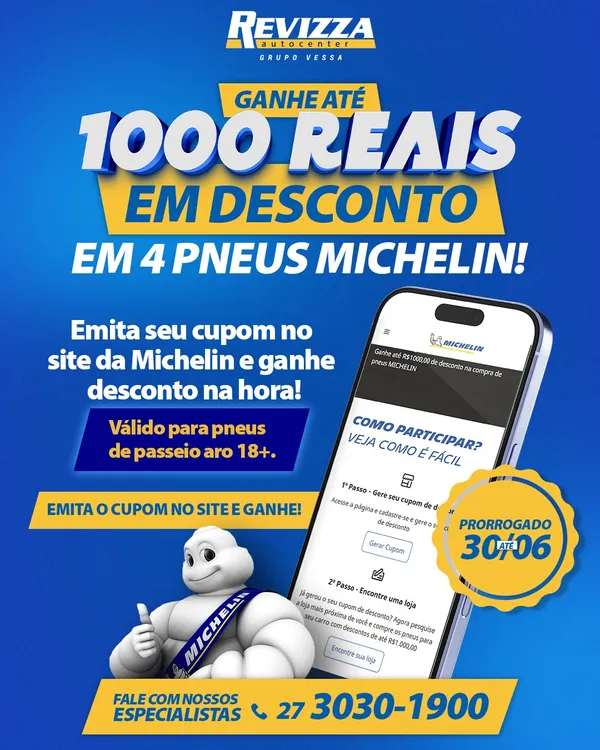 Arte de feed "Ganhe até 1000 reais em desconto em 4 pneus Michelin" — campanha de cupons Revizza x Michelin