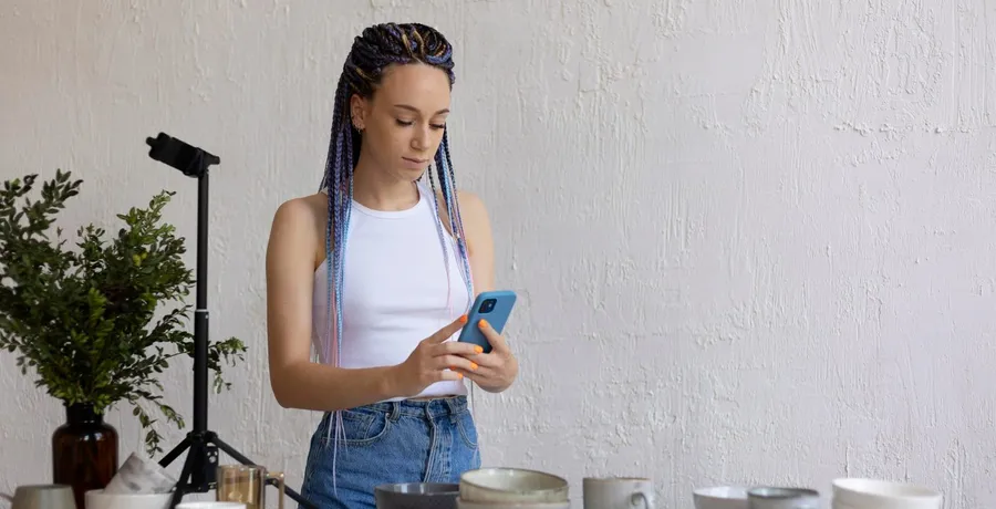Dono de negócio produzindo conteúdo para redes sociais com celular