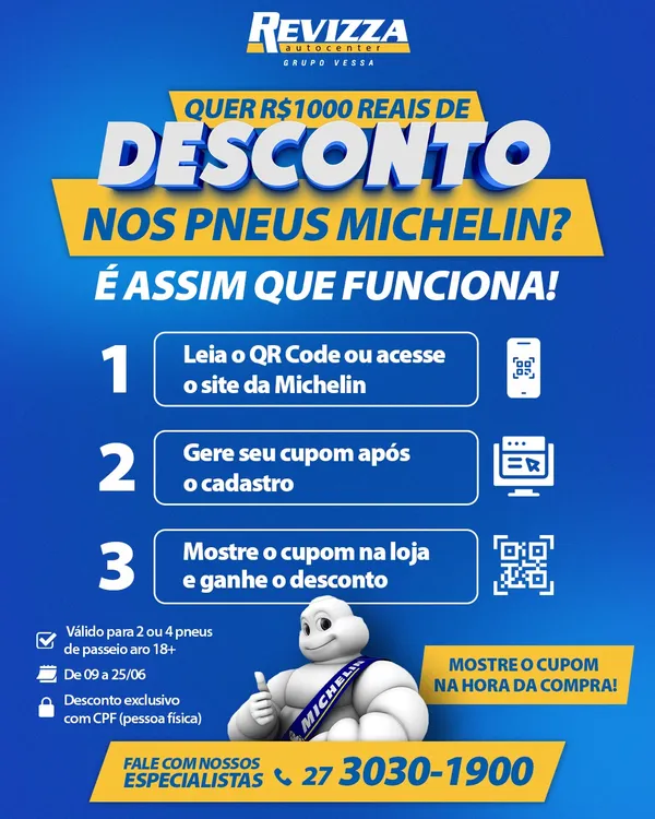 Arte de feed "SUV com pneu Michelin de verdade" — campanha de produto Revizza x Michelin